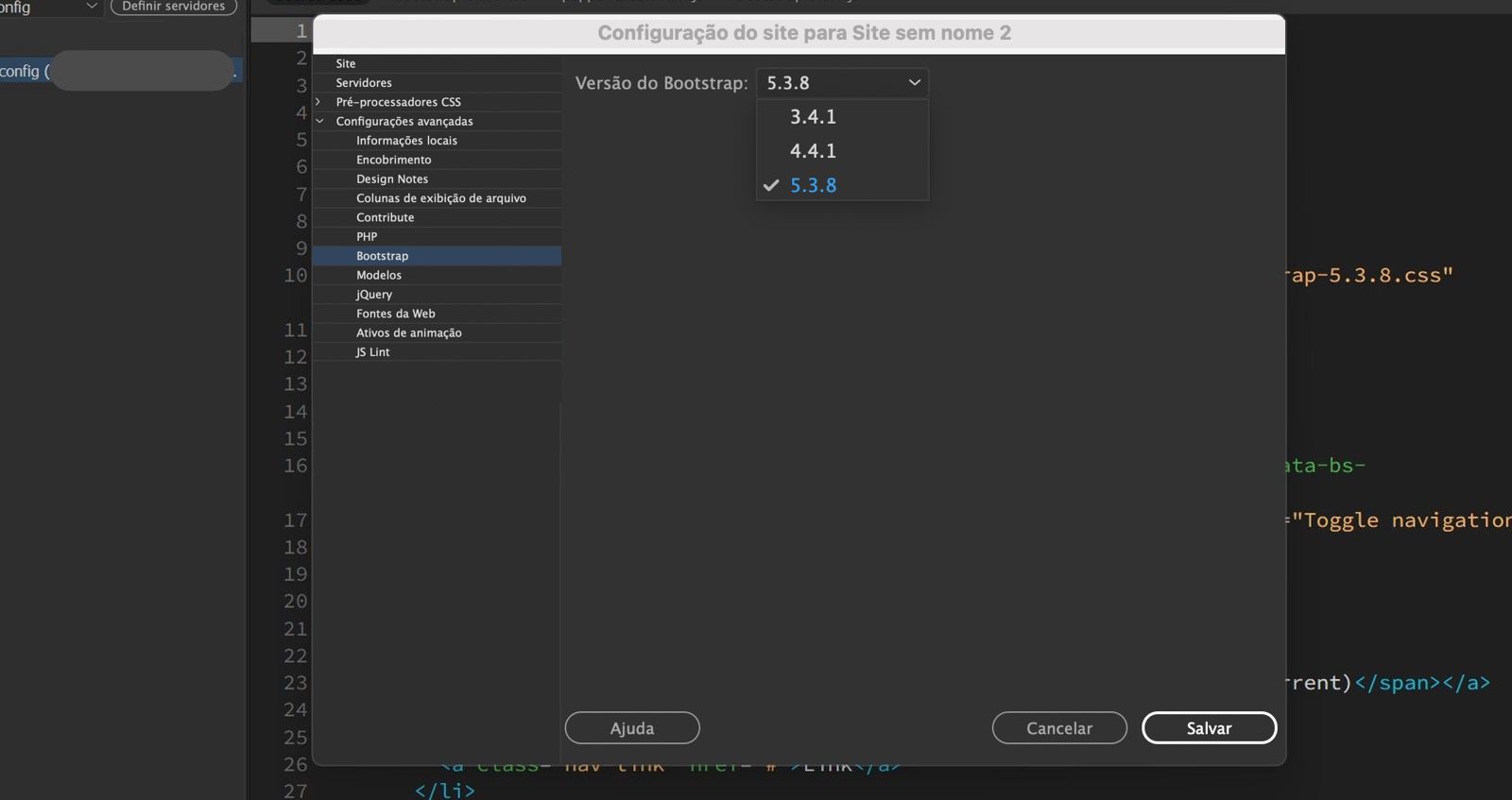 O painel Configuração do Local no Dreamweaver exibe as versões disponíveis do Bootstrap e inclui opções para Salvar, Cancelar e Ajuda.