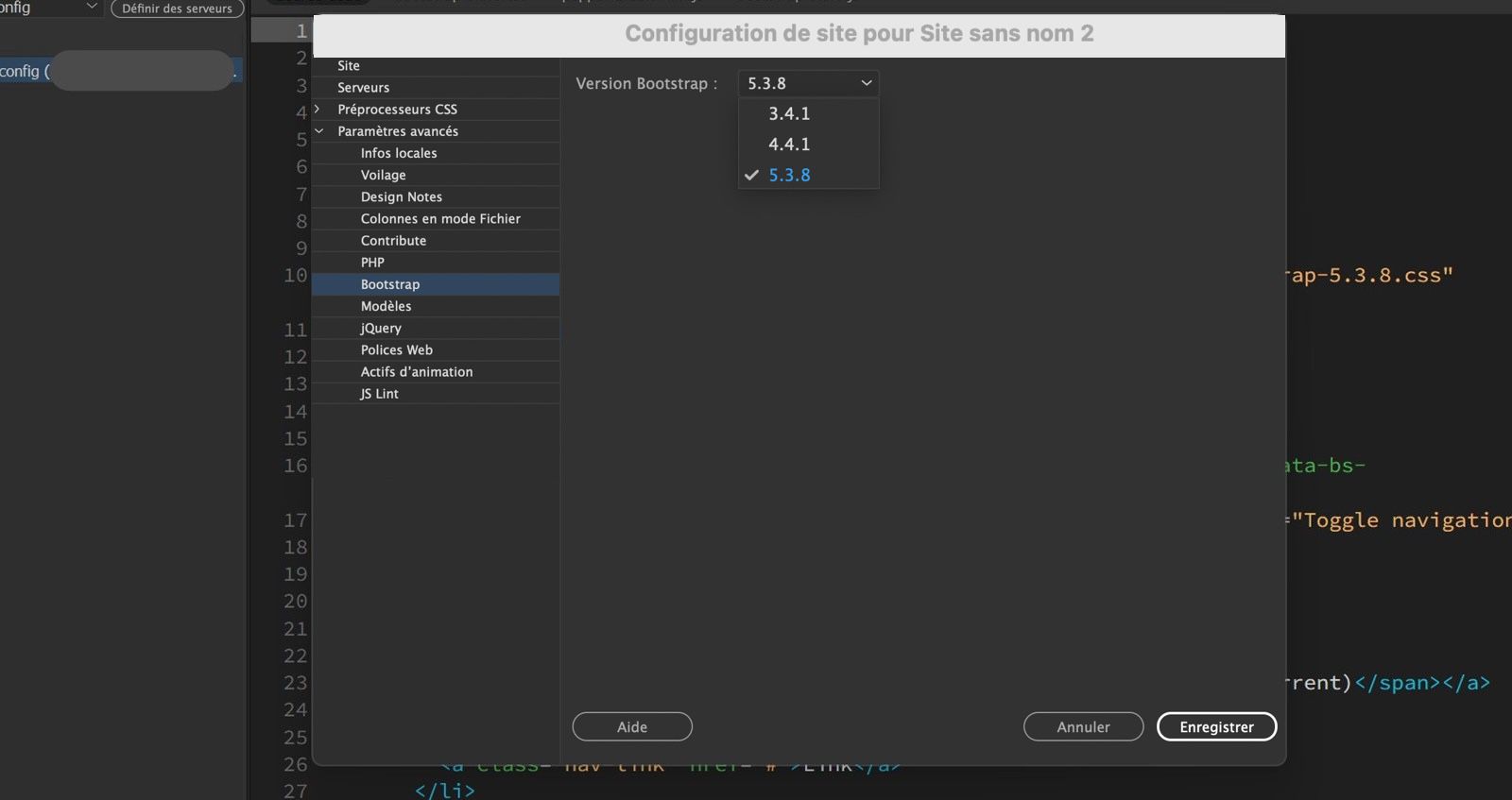 Le panneau Configuration de l’emplacement dans Dreamweaver affiche les versions Bootstrap disponibles et inclut les options Enregistrer, Annuler et Aide.