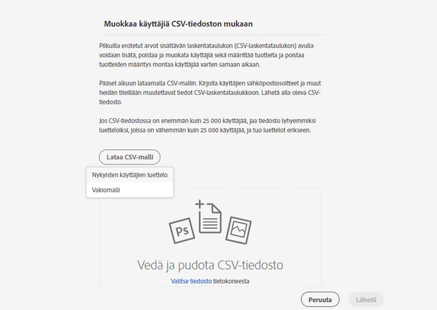 Vedä ja pudota tai valitse lähetettävä tiedosto
