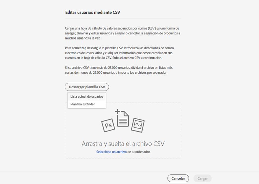 Opción de arrastrar y soltar o seleccionar un archivo para cargarlo