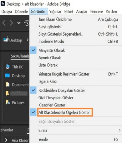 Klasörlerin içeriğini görüntülemek için Alt Klasörlerdeki Öğeleri Göster'i seçin. 