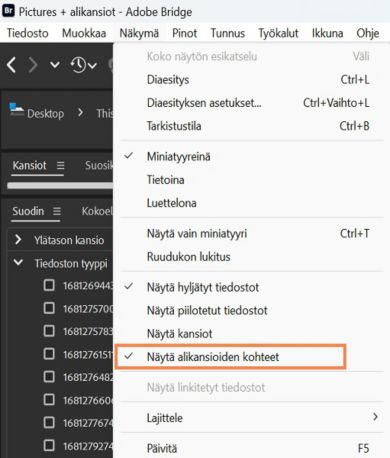 Valitse Näytä alikansioiden kohteet, jos haluat näyttää kansioiden sisällön. 