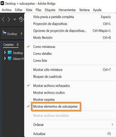 Seleccione Mostrar elementos de subcarpetas para ver el contenido de las carpetas. 
