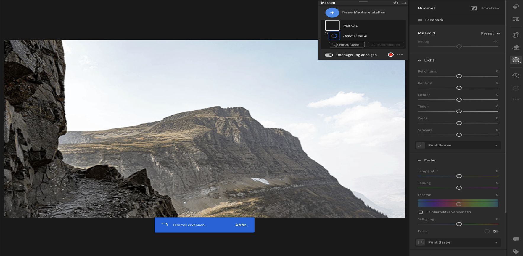 „Himmel auswählen“ in Lightroom
