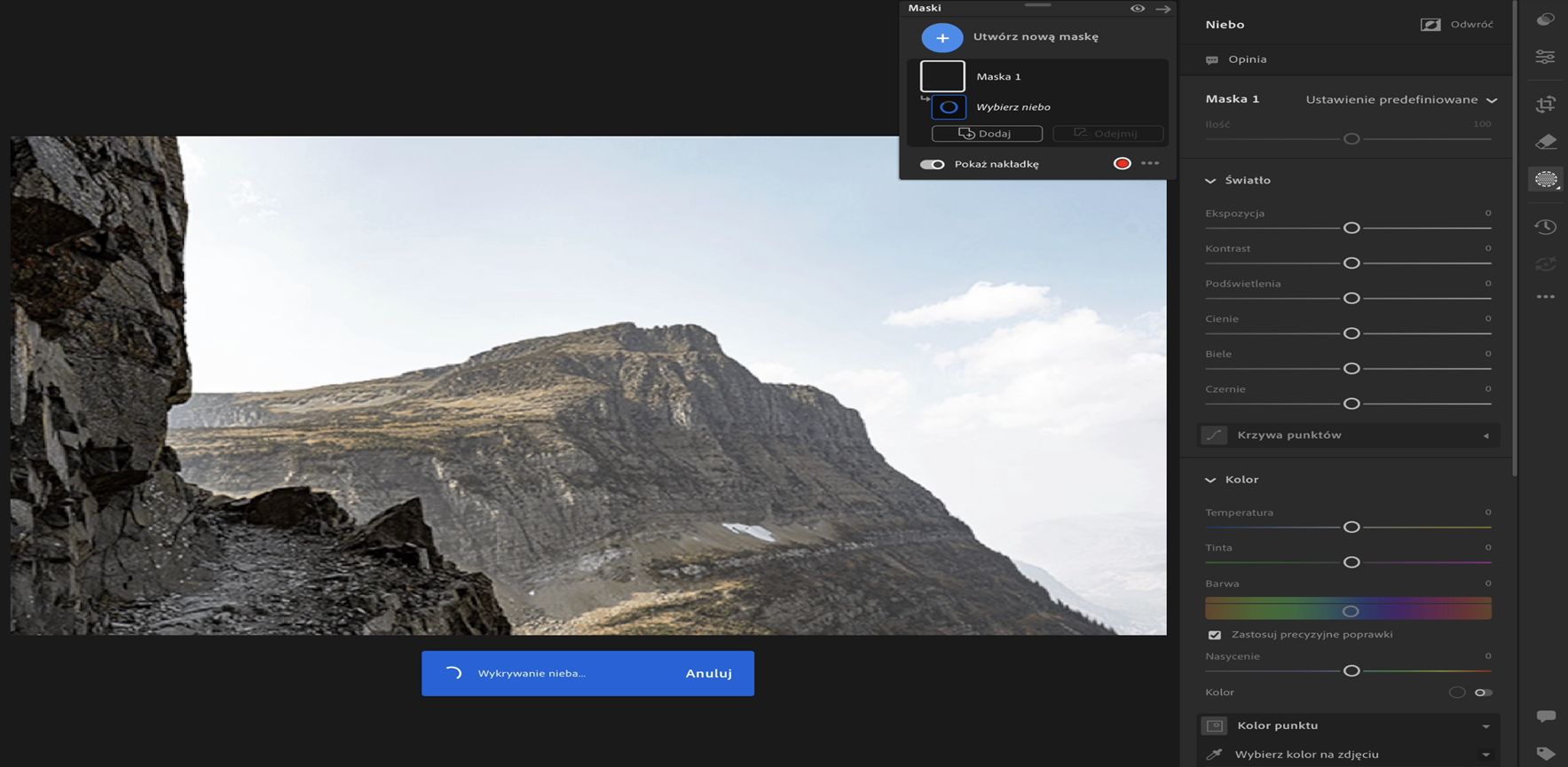 Wybieranie nieba w programie Lightroom