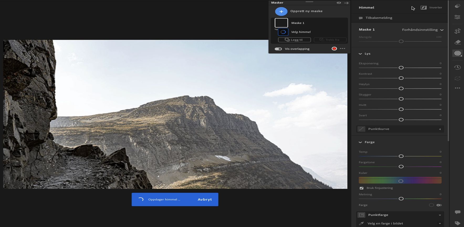 Velg himmel i Lightroom