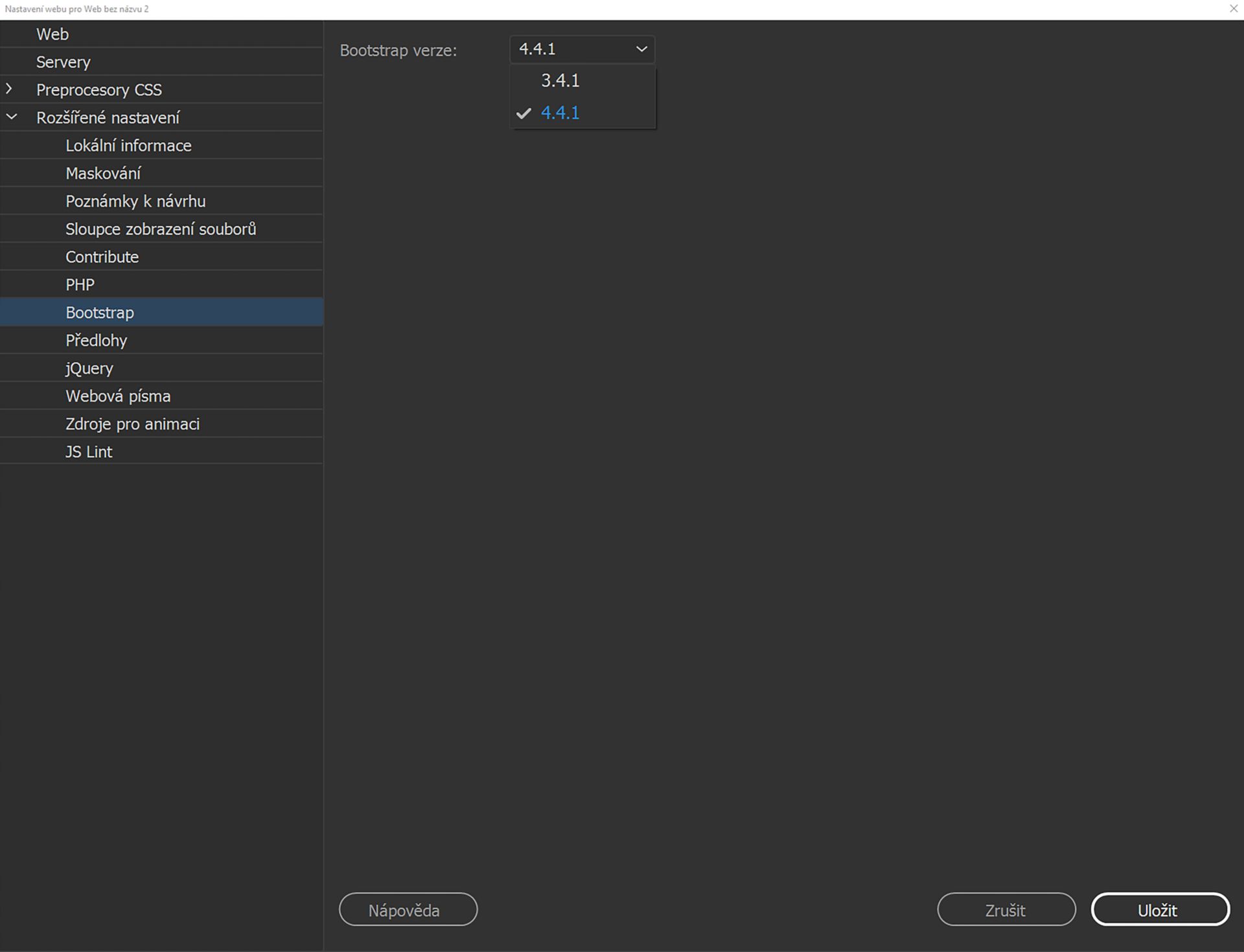 Vyberte Bootstrap verze 4.4.1