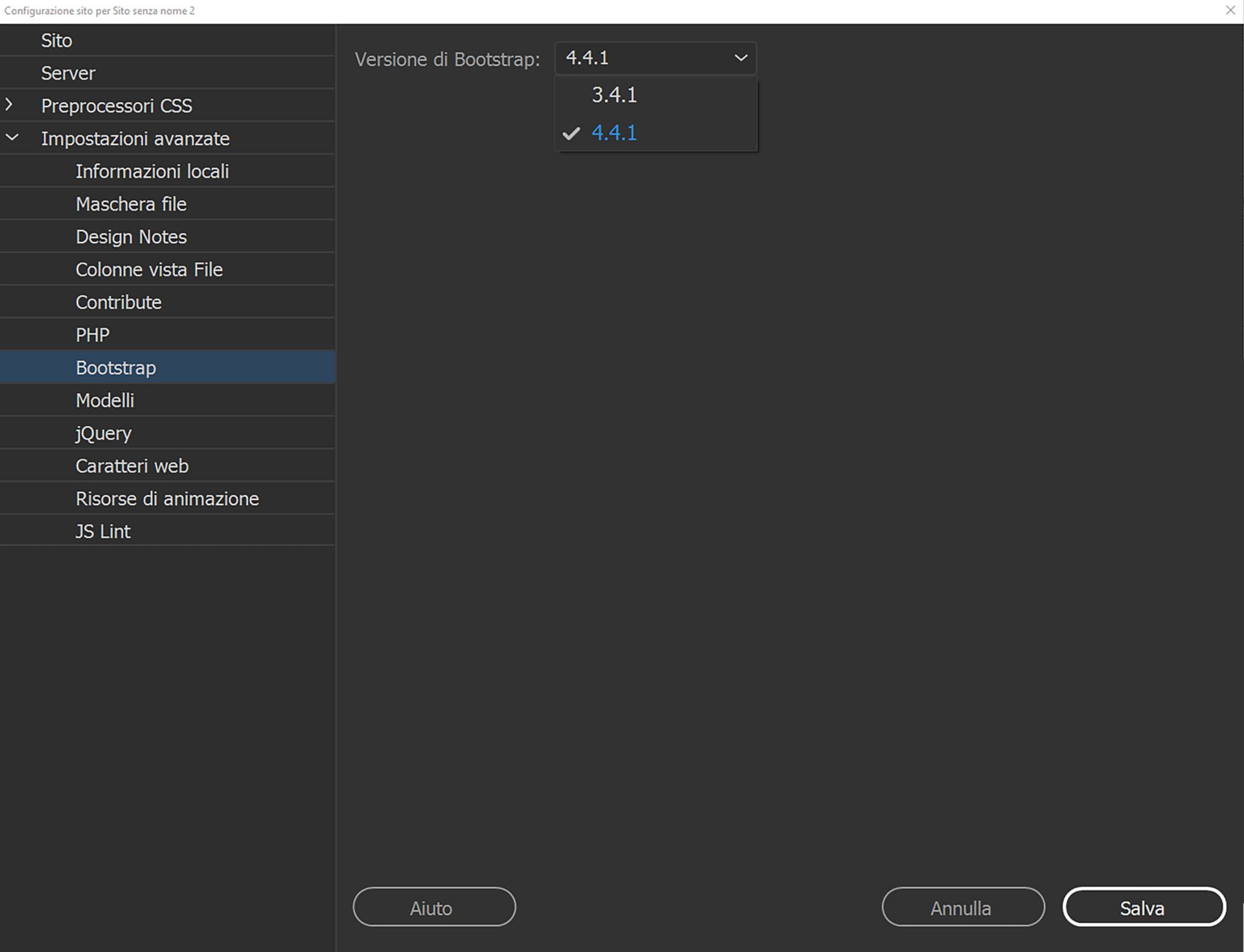 Selezione della versione 4.4.1 di Bootstrap