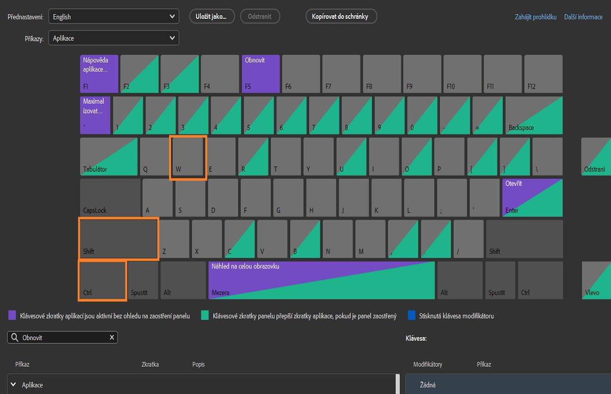 Vyberte požadovanou klávesovou zkratku, kterou chcete přiřadit k příkazu.