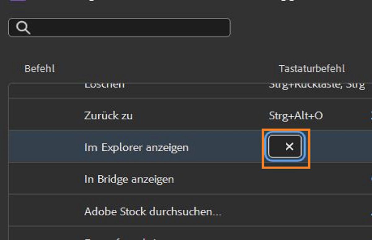 Wähle die Spalte „Tastaturbefehl“ aus, um das Feld „Bearbeiten“ anzuzeigen.