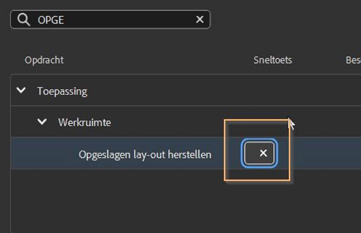 Selecteer de kolom Sneltoets om het vak Bewerken weer te geven.