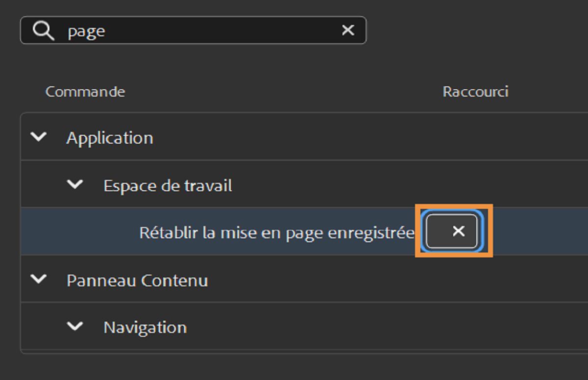 Sélectionnez la colonne Raccourci pour afficher la zone Édition.