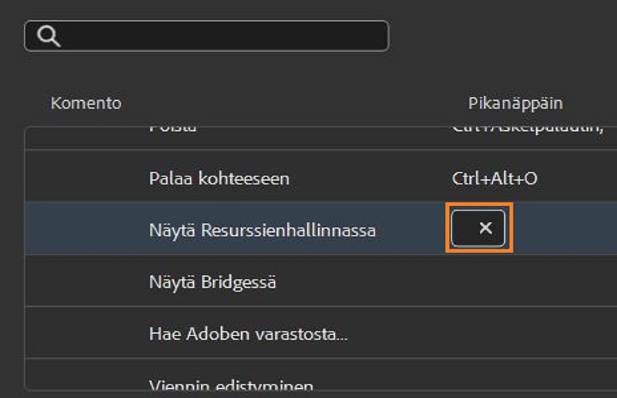 Avaa muokkausruutu valitsemalla Pikanäppäin-sarake.