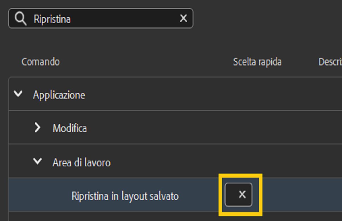 Selezionate la colonna Scelta rapida per visualizzare la casella Modifica.