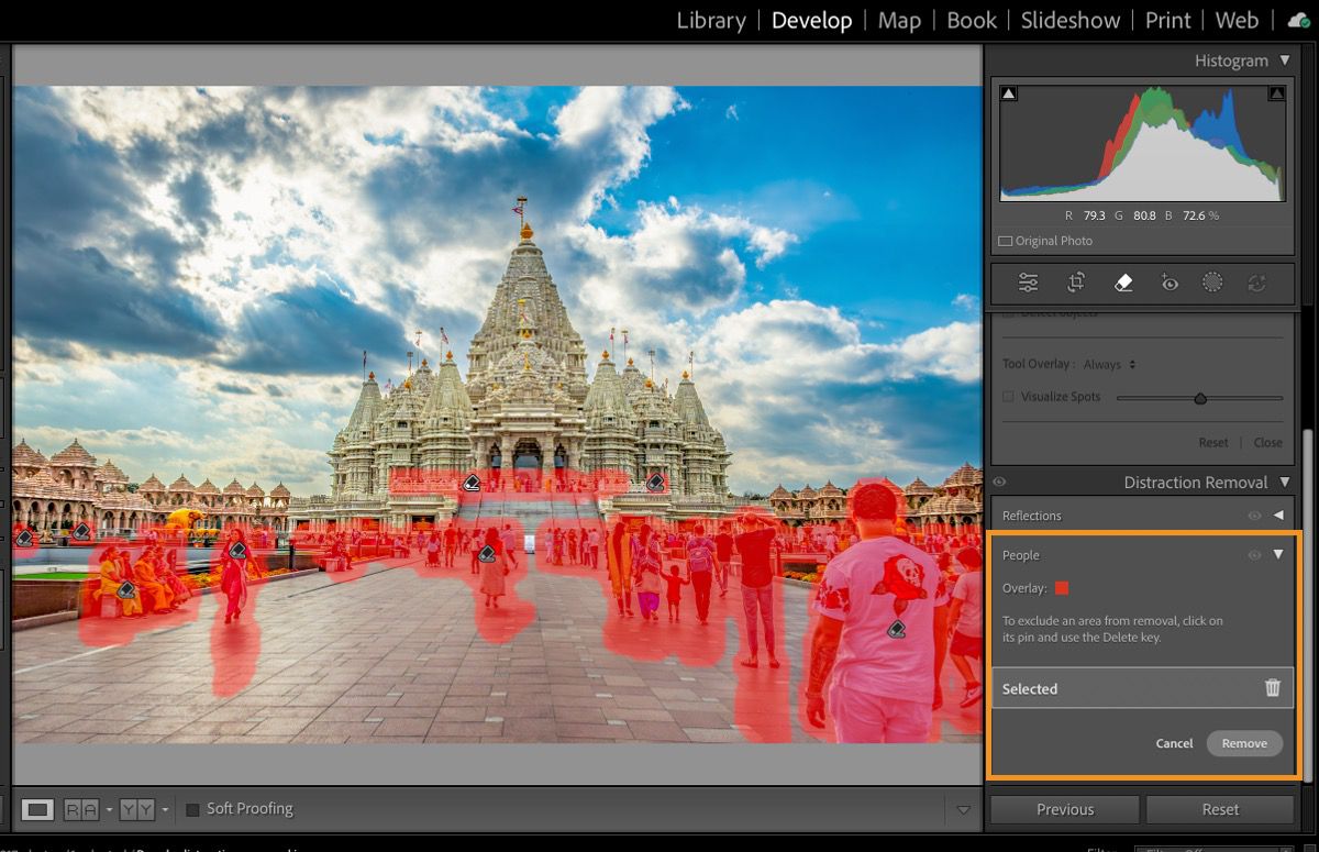 un temple majestueux à l’architecture complexe sous un ciel bleu éclatant avec des nuages épars ; le premier plan présente des personnes surlignées en rouge pour supprimer les distractions ; les éléments de l’interface utilisateur sur la droite incluent un histogramme, des paramètres de reflets et des outils de suppression des distractions, avec le bouton Supprimer surligné en gris.