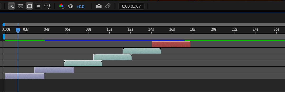 Il pannello Timeline mostra più livelli con durate diverse.L’immagine mostra una timeline di 30 secondi con i livelli selezionati distribuiti a intervalli di tempo coerenti.