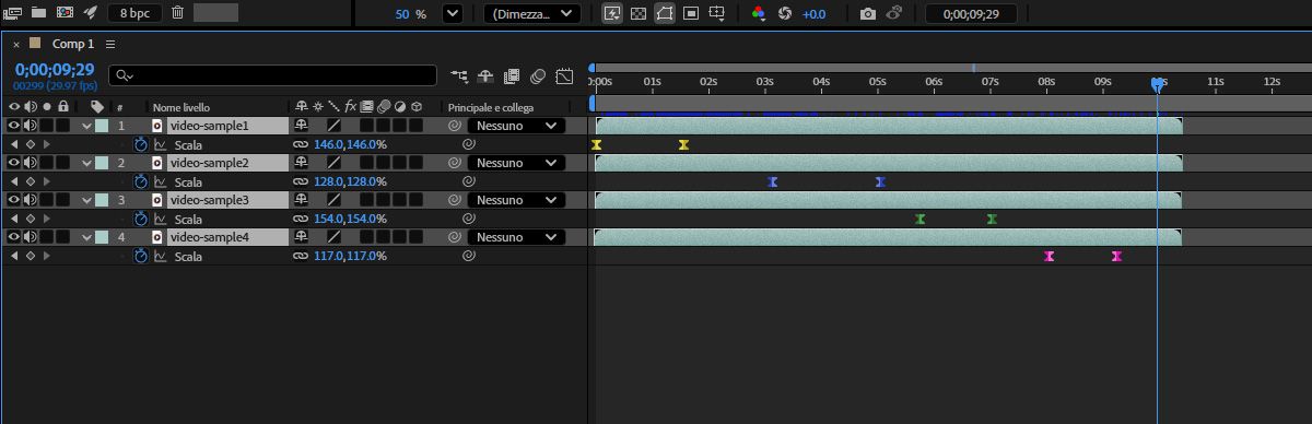 La proprietà Scala è selezionata per più livelli e Quick Offset viene utilizzato per riposizionarli in una disposizione sequenziale.