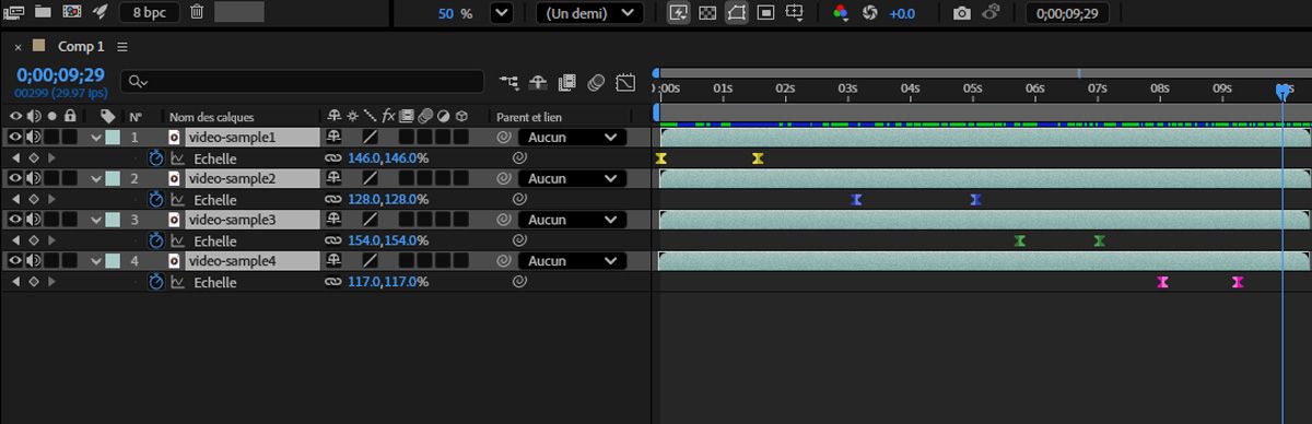 La propriété Échelle est sélectionnée pour plusieurs calques, et le Décalage rapide est utilisé pour les repositionner dans un arrangement séquentiel.