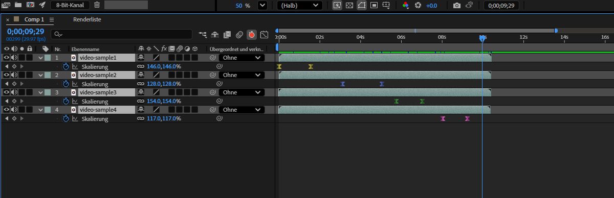 Die Eigenschaft „Skalierung“ wird für mehrere Ebenen ausgewählt, und „Schneller Versatz“ wird verwendet, um sie in einer sequenziellen Anordnung neu zu positionieren.