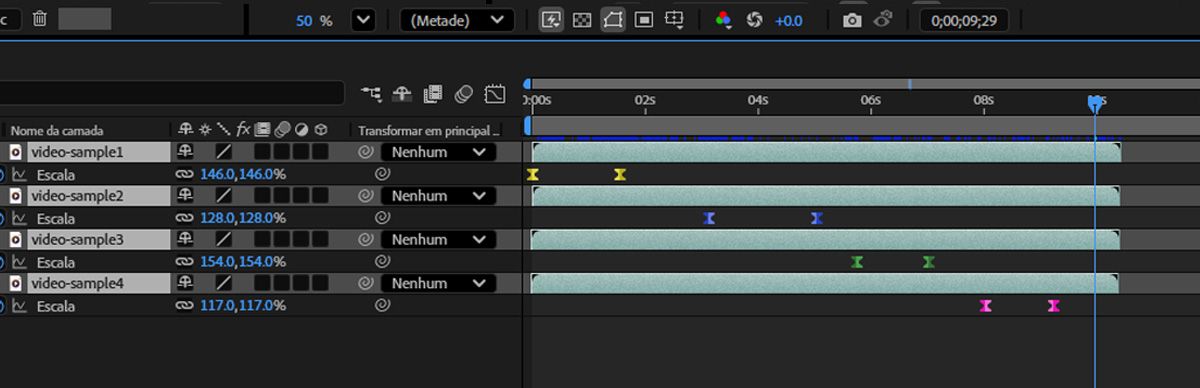 A propriedade Escala é selecionada para várias camadas, e o Deslocamento rápido é usado para reposicioná-las em uma organização sequencial.