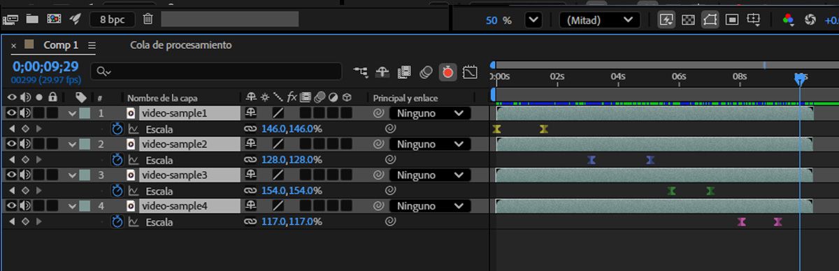 Se selecciona la propiedad Escala para varias capas y se utiliza Desplazamiento rápido para reposicionarlas en una disposición secuencial.