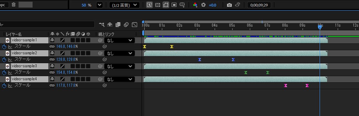 複数のレイヤーに対してスケールプロパティが選択され、クイックオフセットを使用してシーケンシャルに再配置されます。
