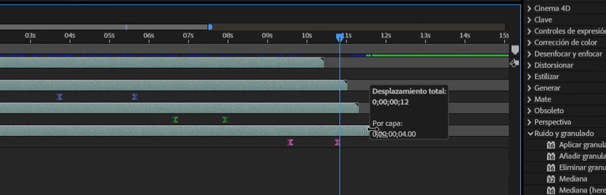 La superposición muestra detalles útiles de temporización: &quot;Desplazamiento total&quot; muestra la duración total o el recuento de fotogramas en todas las capas seleccionadas, mientras que &quot;Por capa&quot; indica el intervalo de tiempo entre cada capa individual en la secuencia escalonada.