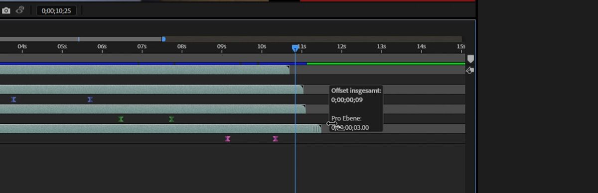 Die Überlagerung zeigt hilfreiche Zeitinformationen an: „Gesamter Versatz“ zeigt die vollständige Dauer oder die Anzahl der Frames über alle ausgewählten Ebenen hinweg an, während „Pro Ebene“ den Zeitabstand zwischen jeder einzelnen Ebene in der gestaffelten Sequenz anzeigt.