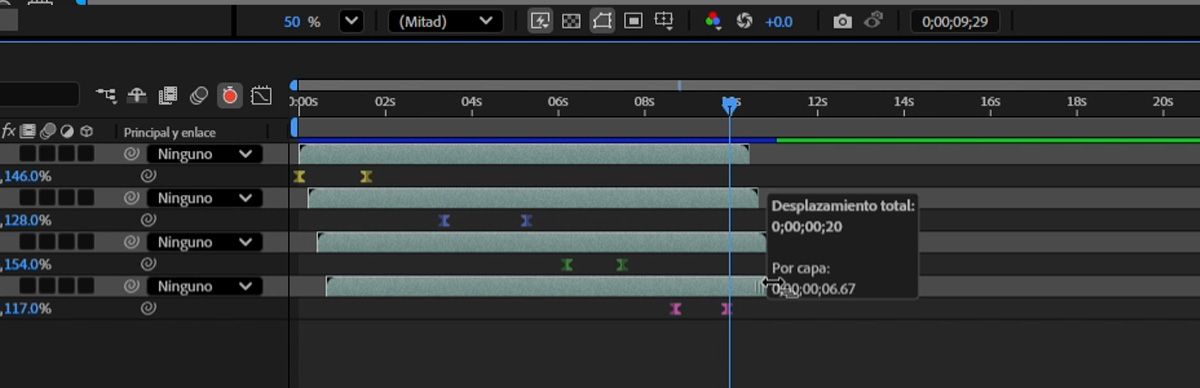 La superposición muestra información útil sobre el tiempo: &quot;Desplazamiento total&quot; muestra la duración completa o el recuento de fotogramas en los que se distribuyen todas las capas seleccionadas, mientras que &quot;Por capa&quot; indica el intervalo de tiempo específico o el espacio entre cada capa individual en la secuencia escalonada.