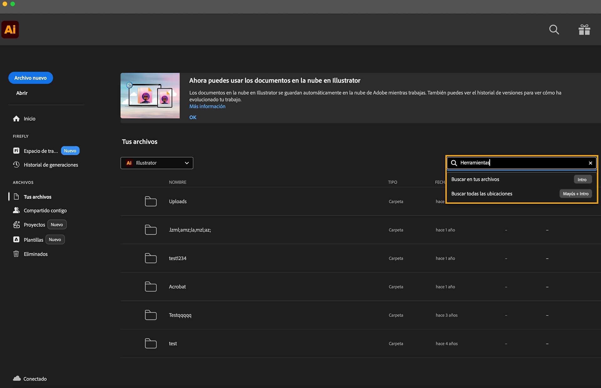 Pantalla de inicio de Illustrator que muestra una búsqueda semántica de “Herramientas”, con opciones para buscar en Tus archivos o en todas las ubicaciones