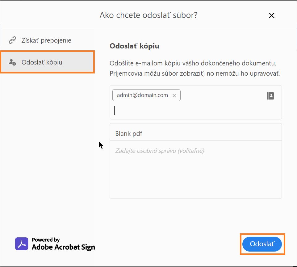 Možnosť odoslania kópie vyplneného a podpísaného formulára