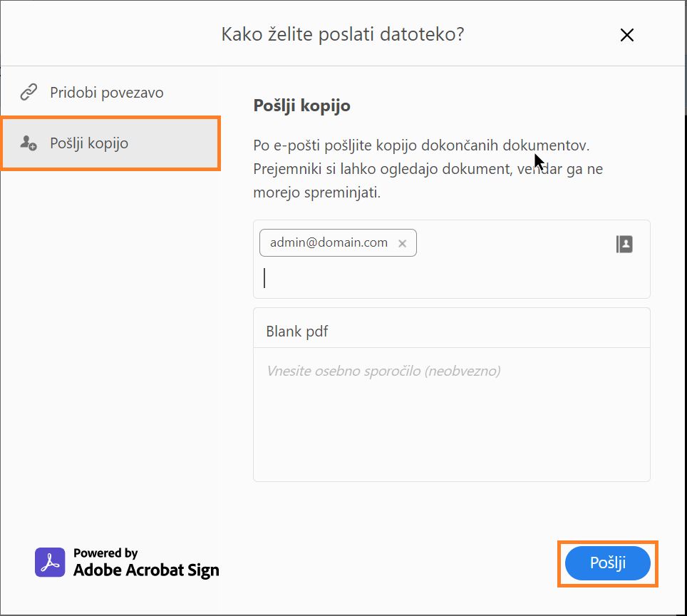 Pošiljanje kopije izpolnjenega in podpisanega obrazca