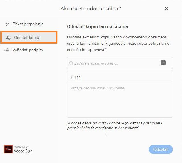 Možnosť odoslania kópie vyplneného a podpísaného formulára