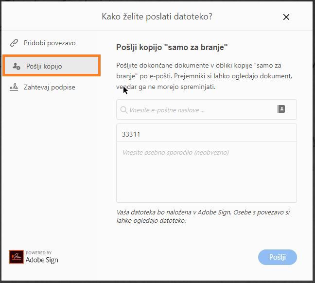 Pošiljanje kopije izpolnjenega in podpisanega obrazca