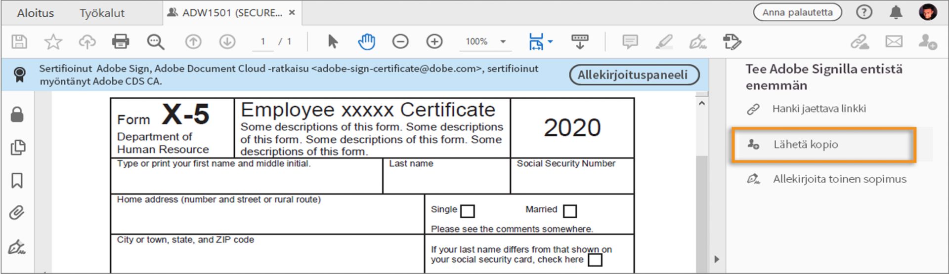 Valitse Lähetä kopio