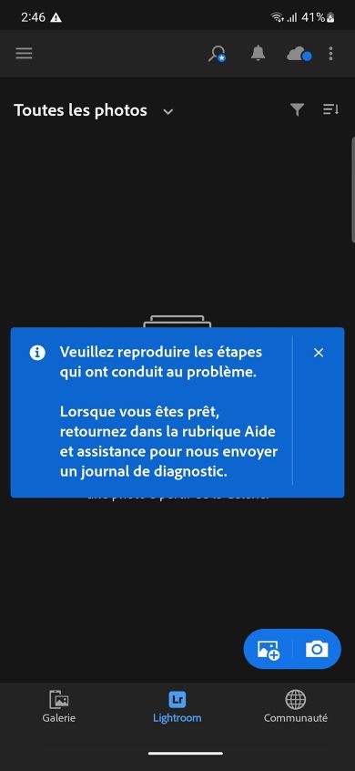 Une note explicative s’affiche sur l’écran du journal de diagnostic, informant l’utilisateur de reproduire les étapes du problème.