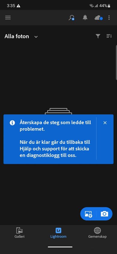 En vägledning visas över diagnostikloggskärmen som informerar användaren om att återskapa stegen för problemet