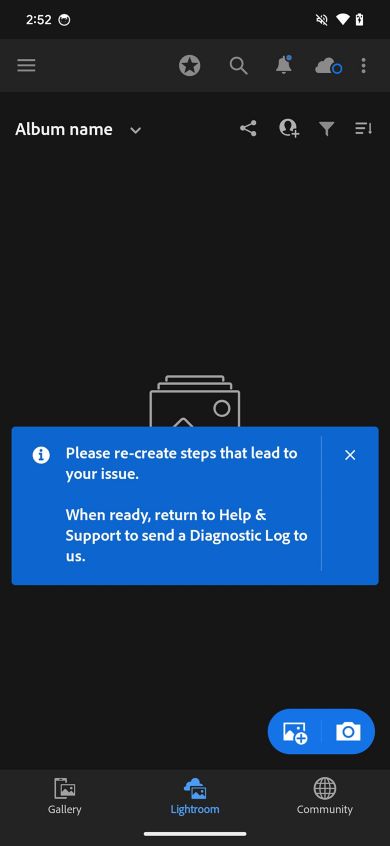 A coachmark is displayed over diagnostic log screen, letting user know to recreate steps for the issue.