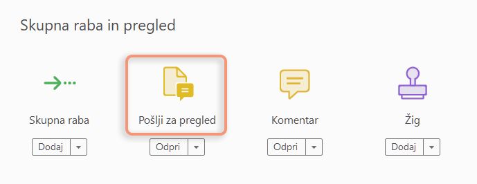Možnost Pošlji za komentiranje v podoknu Orodja