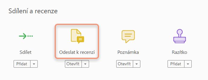 Možnost Odeslat k přidávání poznámek na panelu Nástroje