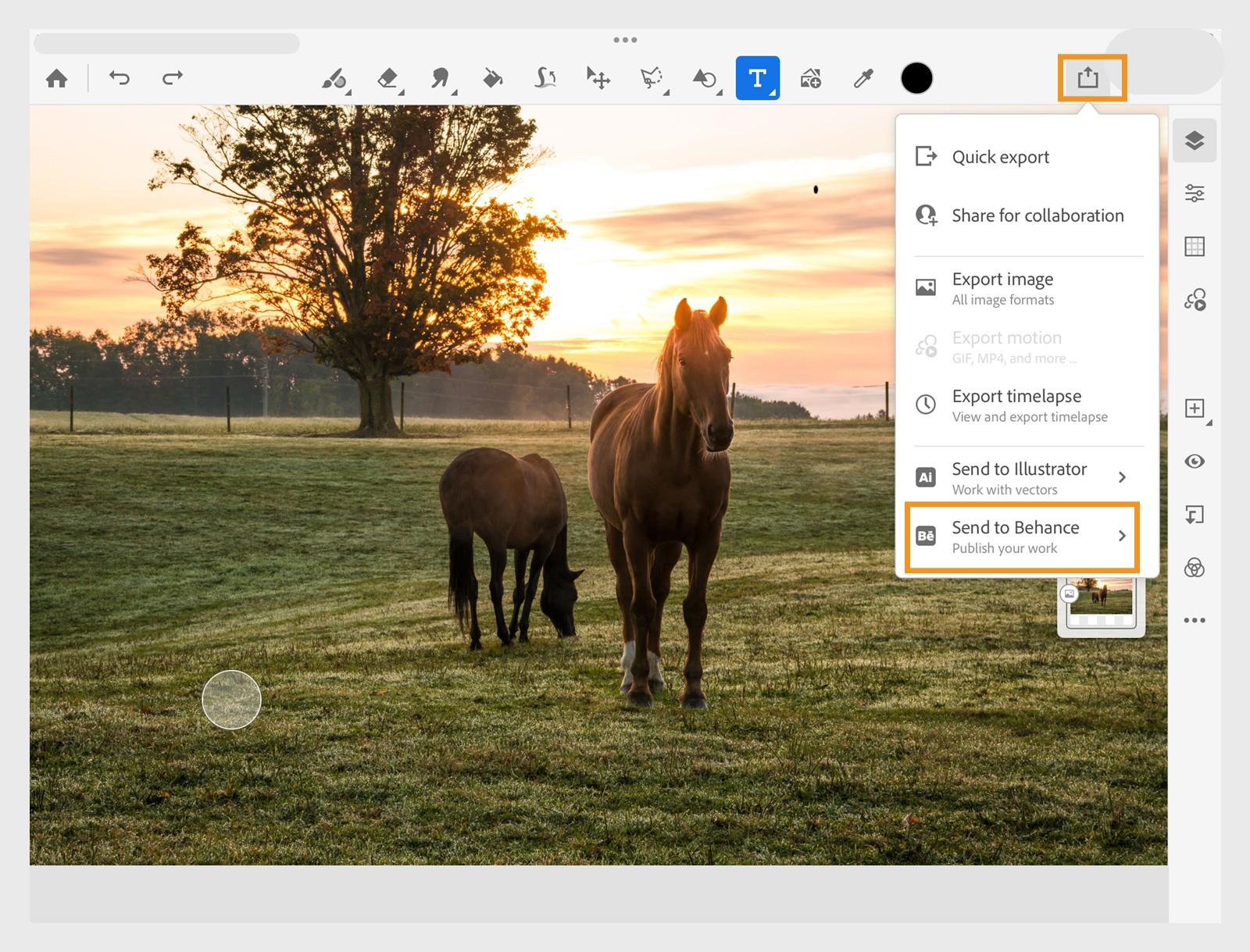 Share icon menu open with Send to Behance highlighted, letting you publish artwork directly from the canvas.