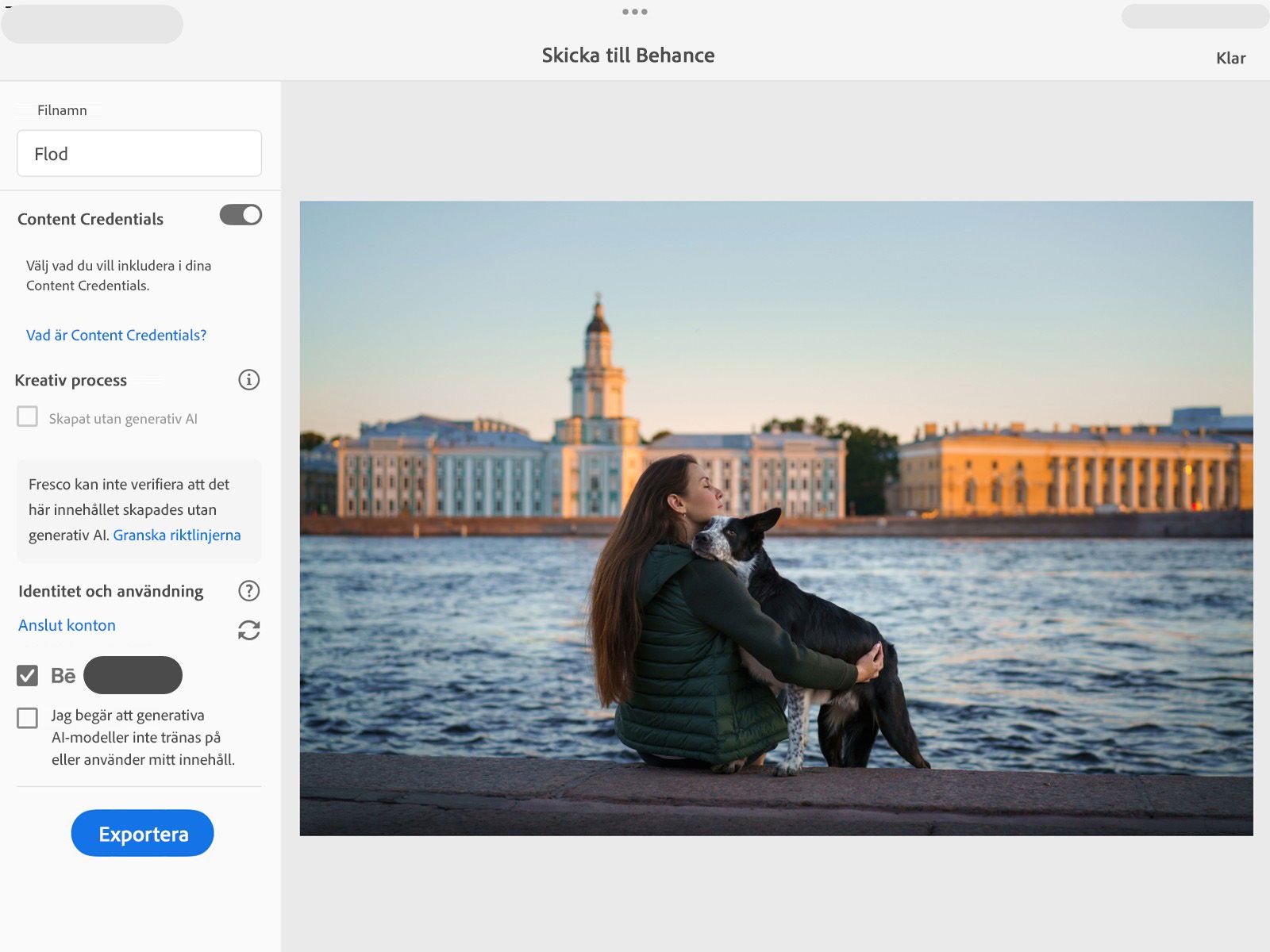 Behance exportarbetsflöde som visar publiceringsinställningar och alternativ för Content Credentials före export.