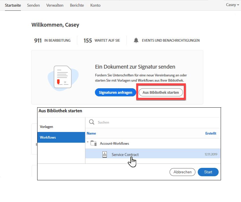 Einen Arbeitsablauf von der Startseite aus senden