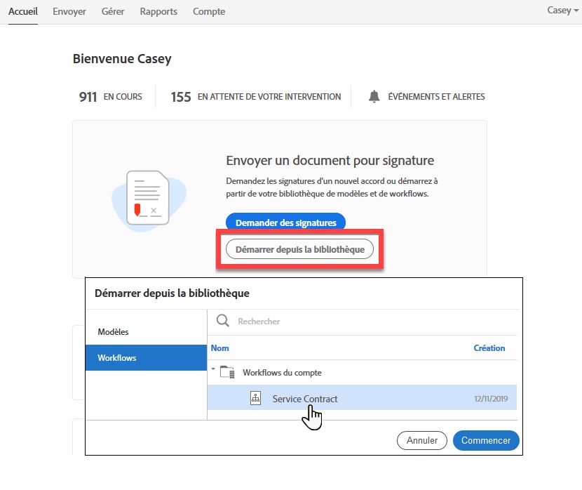 Envoi d’un workflow depuis la page d’accueil