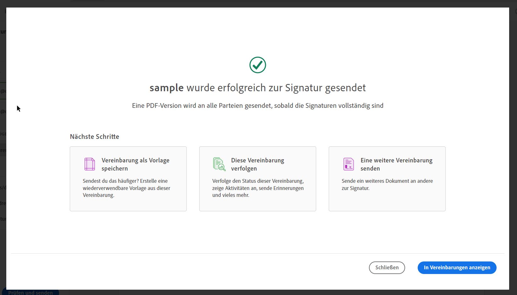 Bestätigung „Zum Signieren versandt“