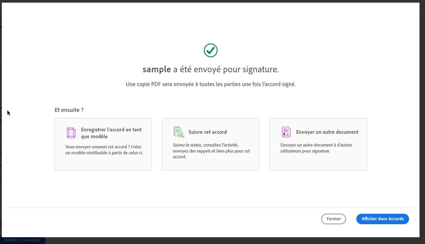 Confirmation d’envoi pour signature