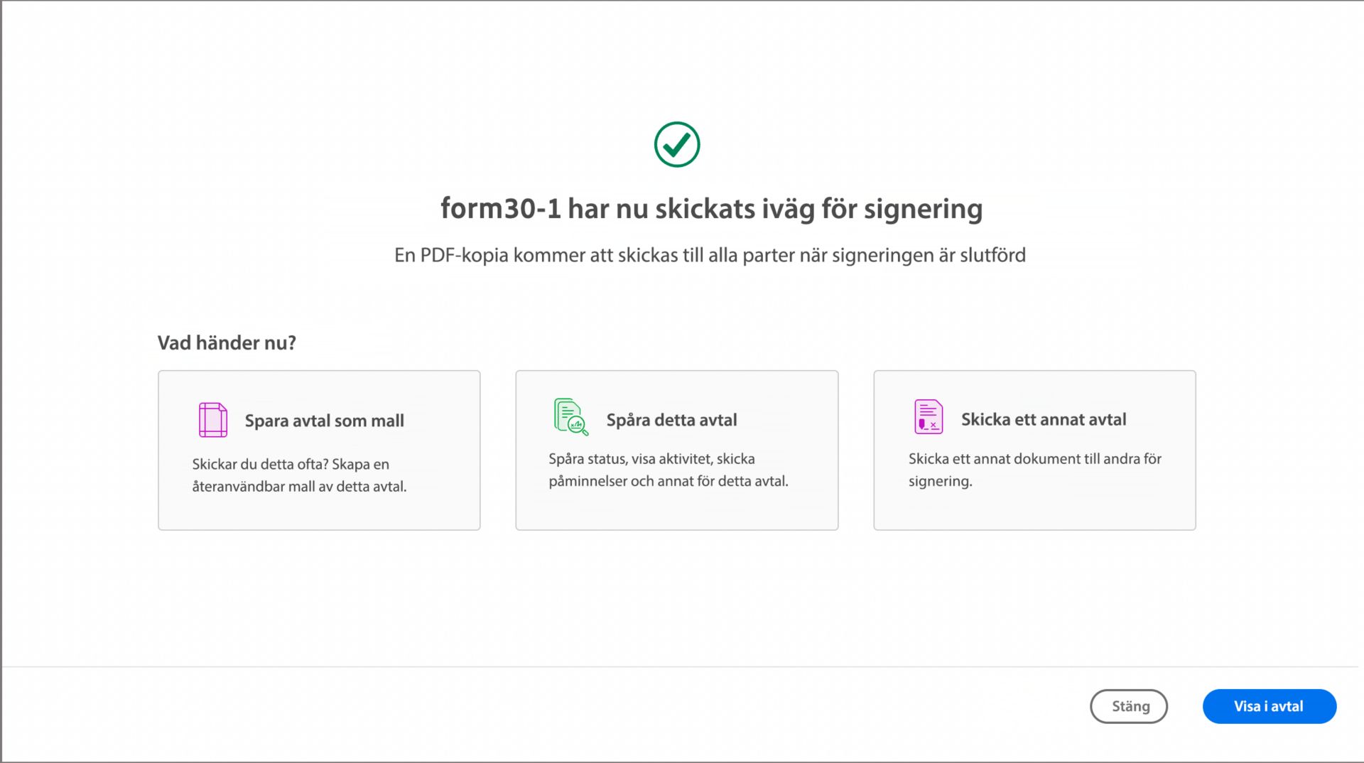 Bekräftelse, skickat för signering