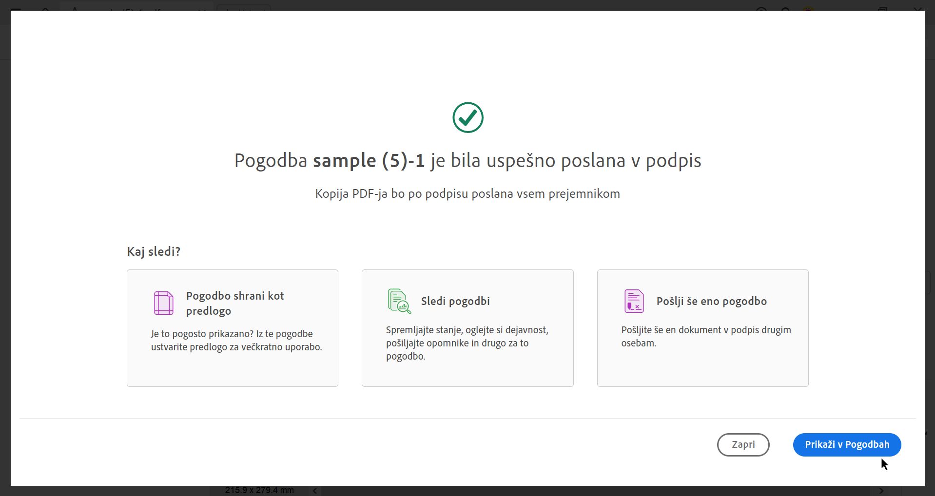 Potrditev, da je bil dokument poslan v podpis