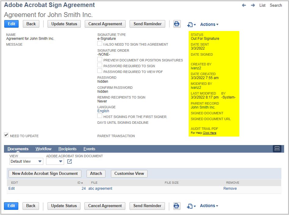 status do contrato enviado