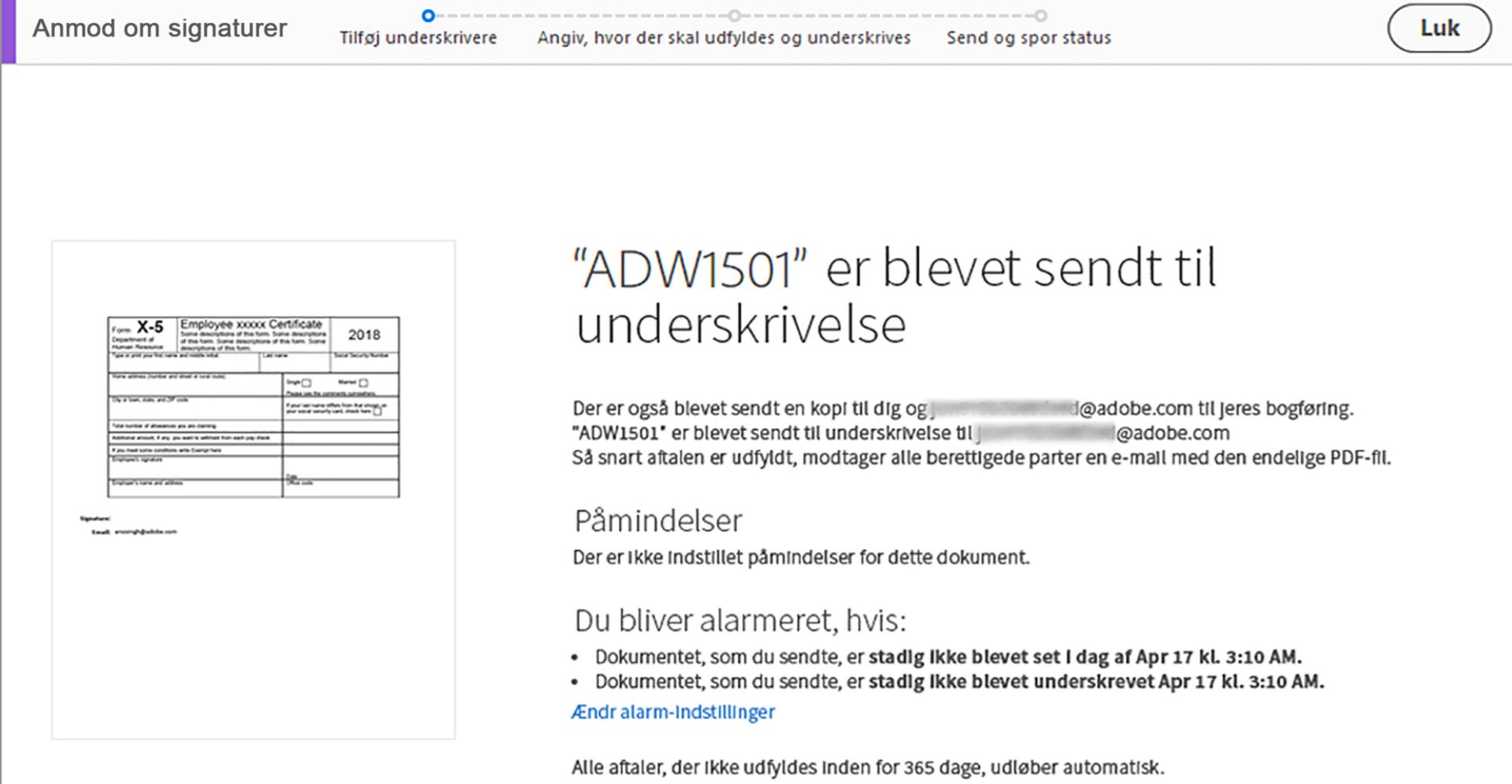 Bekræftelse af sendt til underskrivelse